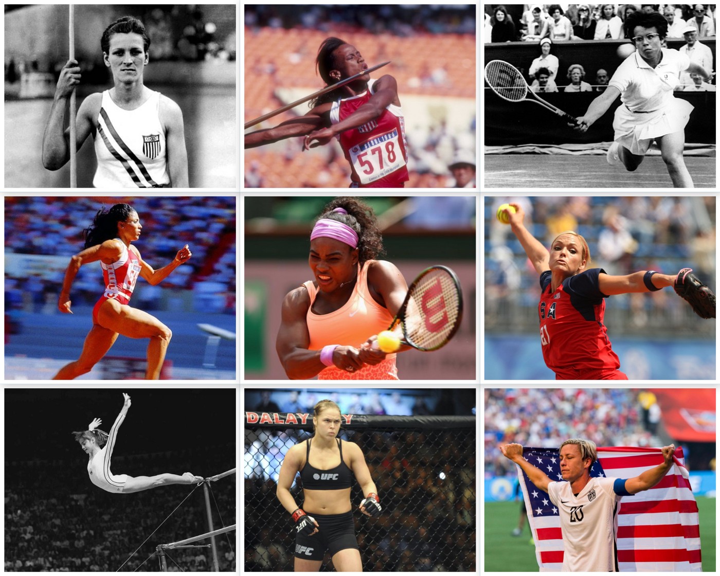 Nine women playing sports such as boxing, tennis and running 