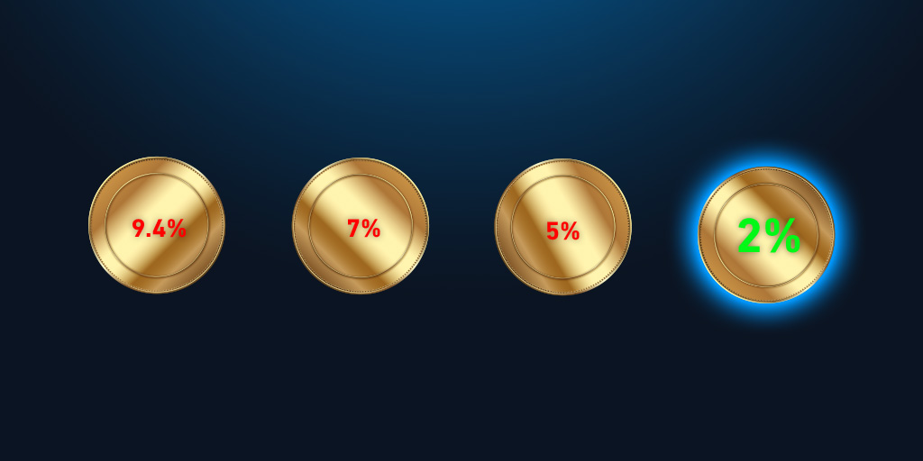 4 gold coins with different percentage and one emits a blue light