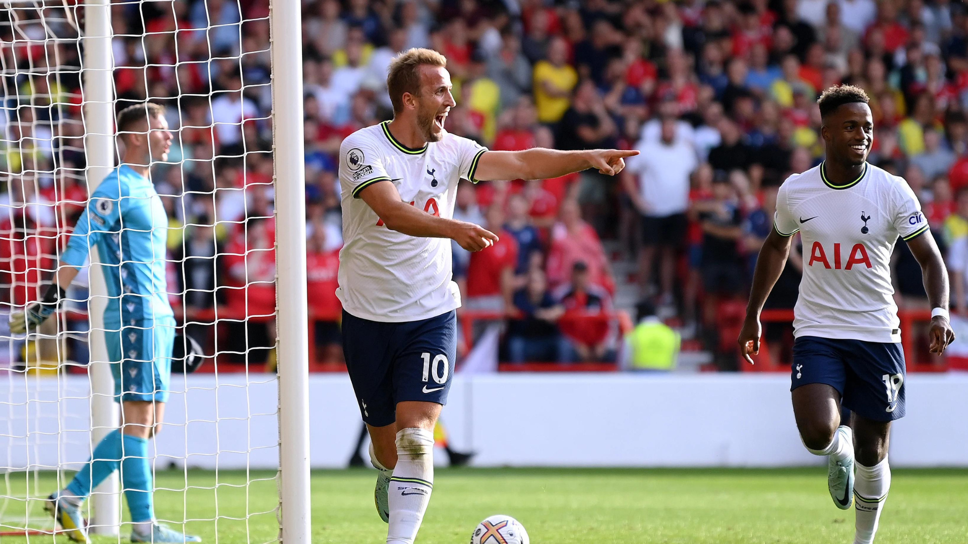 Harry Kane smiling and pointing at something with other players and big crowdn around him
