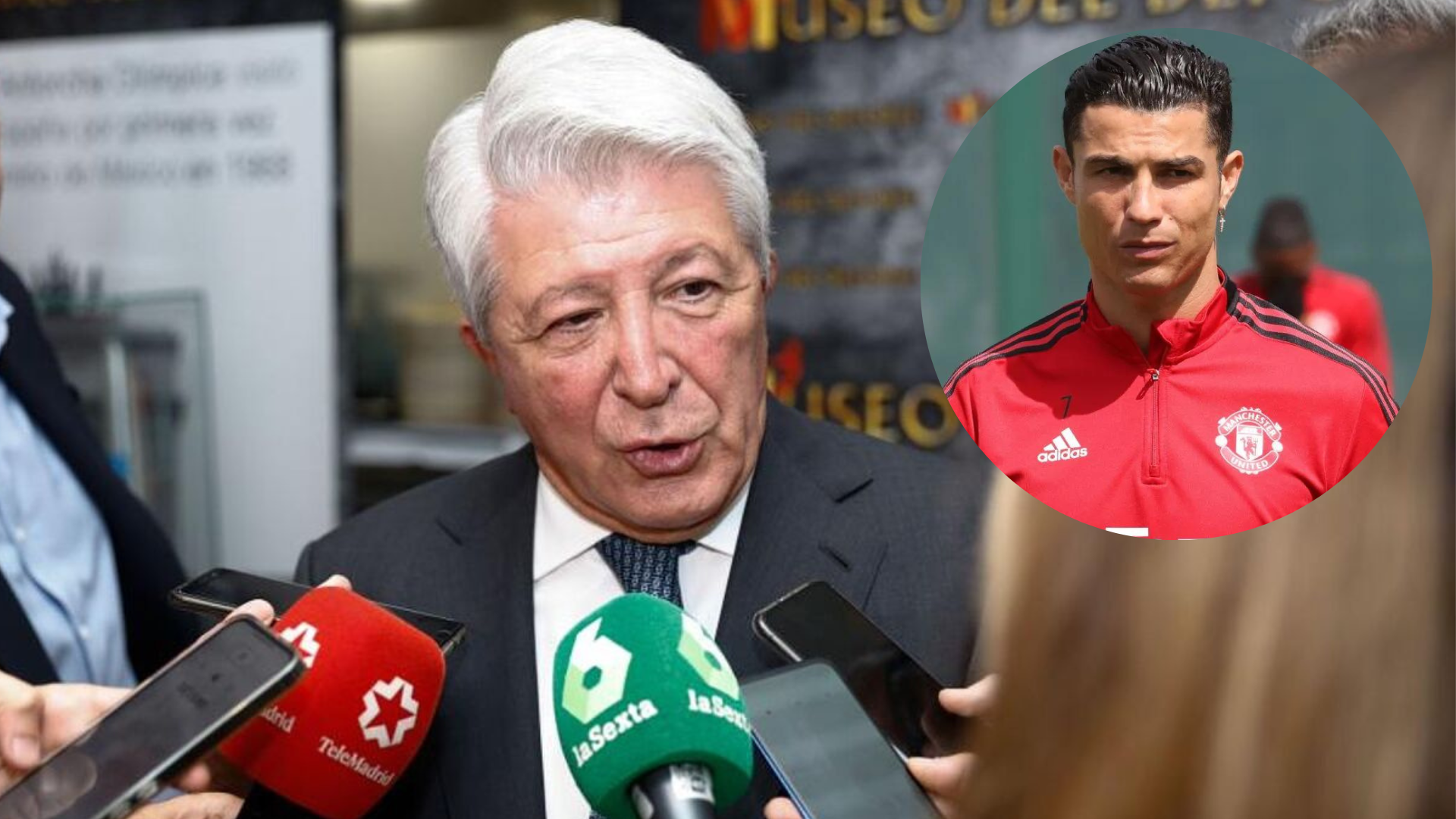  Enrique Cerezo being interviewed by the press with Cristiano Ronaldo on the upper right corner