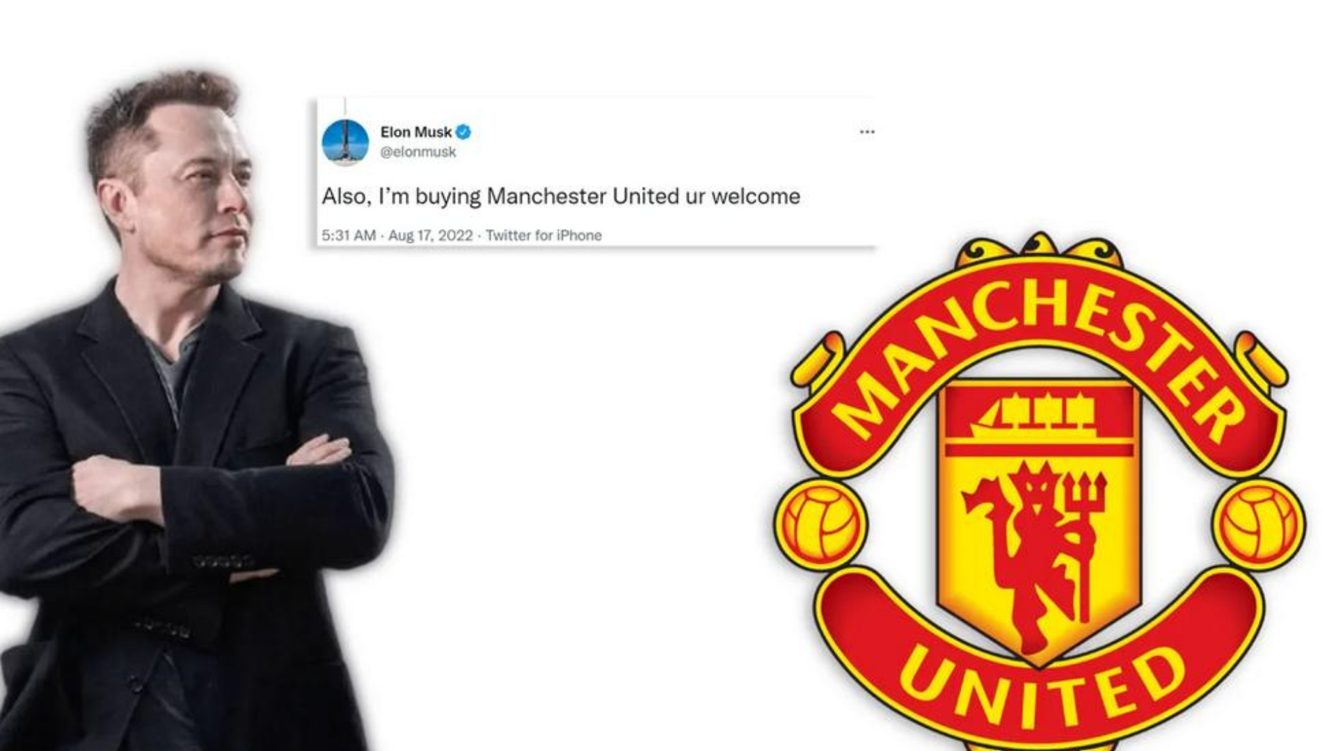 Elon Musk wearing black coat on the left with Manchester United Football Club logo on the right
