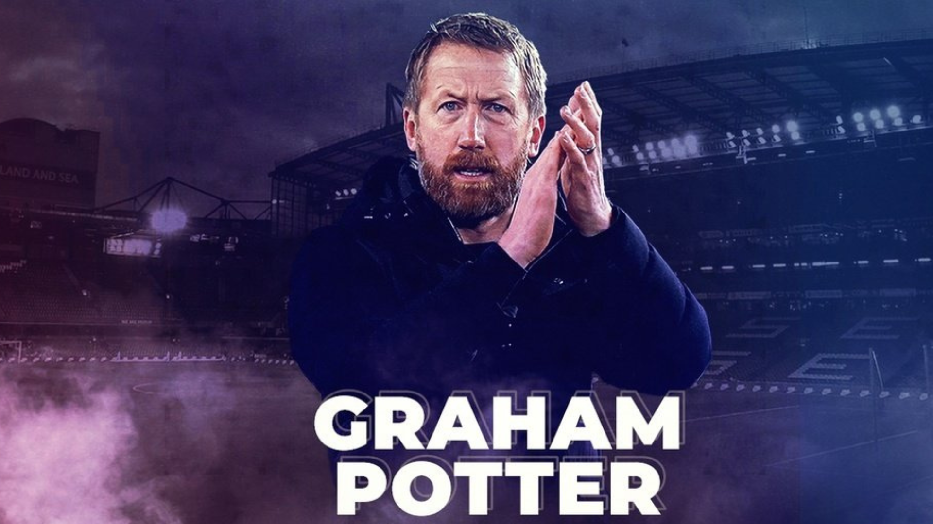 Graham Potter clapping his hands while in the football fields with his name at the bottom