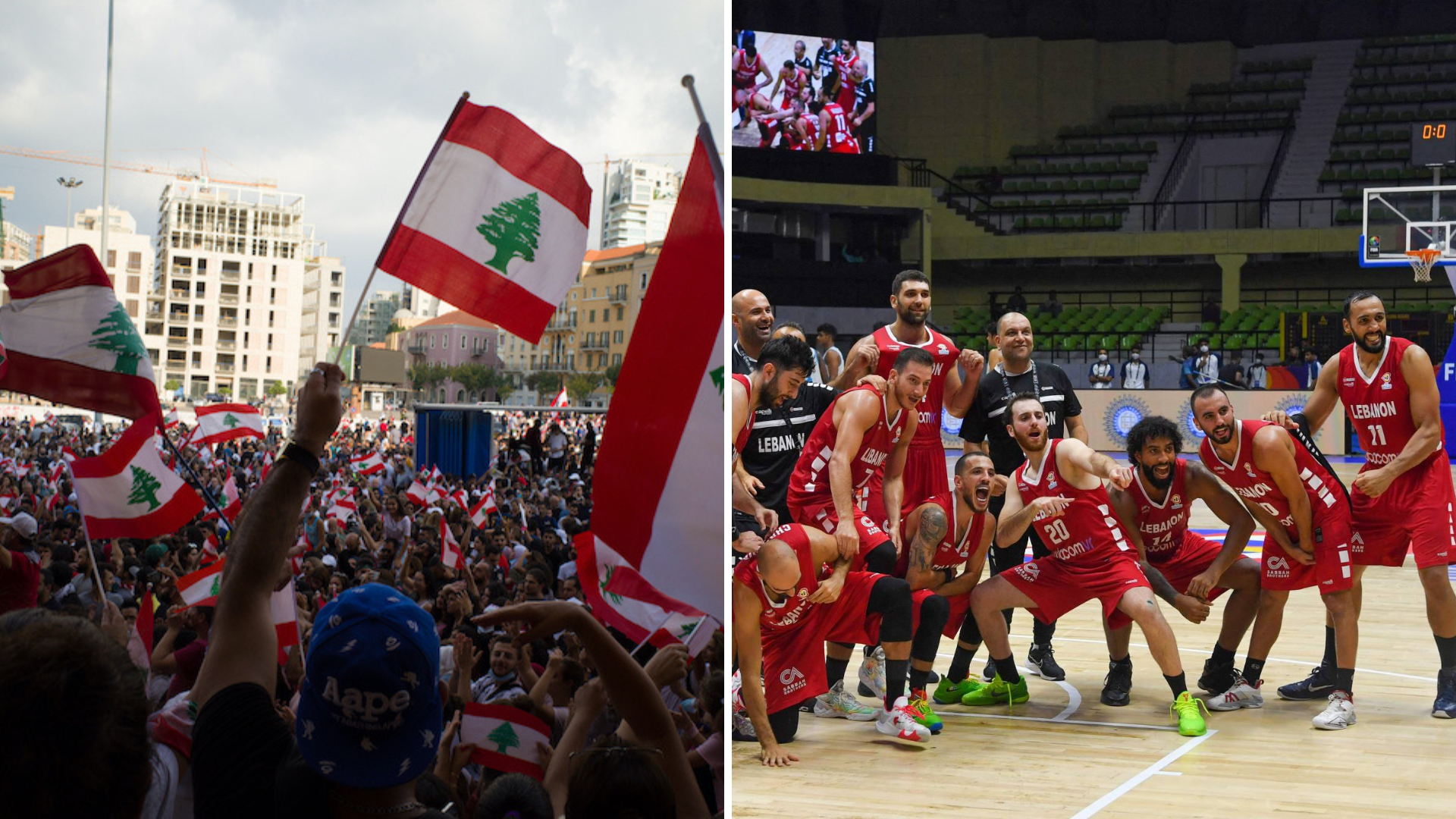 A group of people holding lebanon flag on the left and basketball players on the right