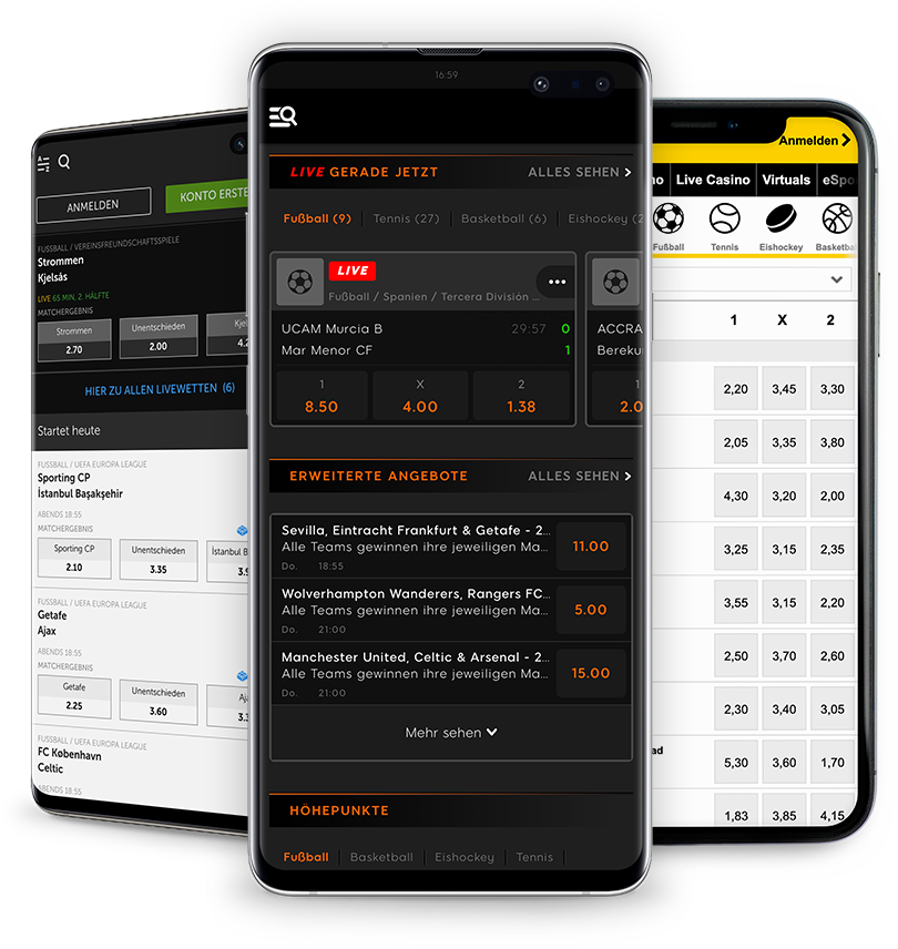 3 cellphones with different betting apps