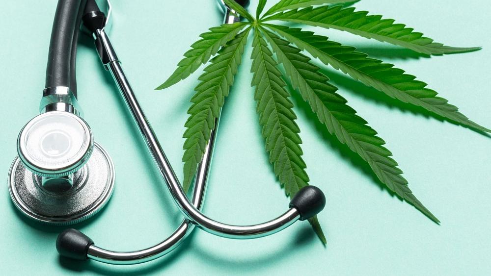 A picture of a stethoscope laying beside a cannabis leaf