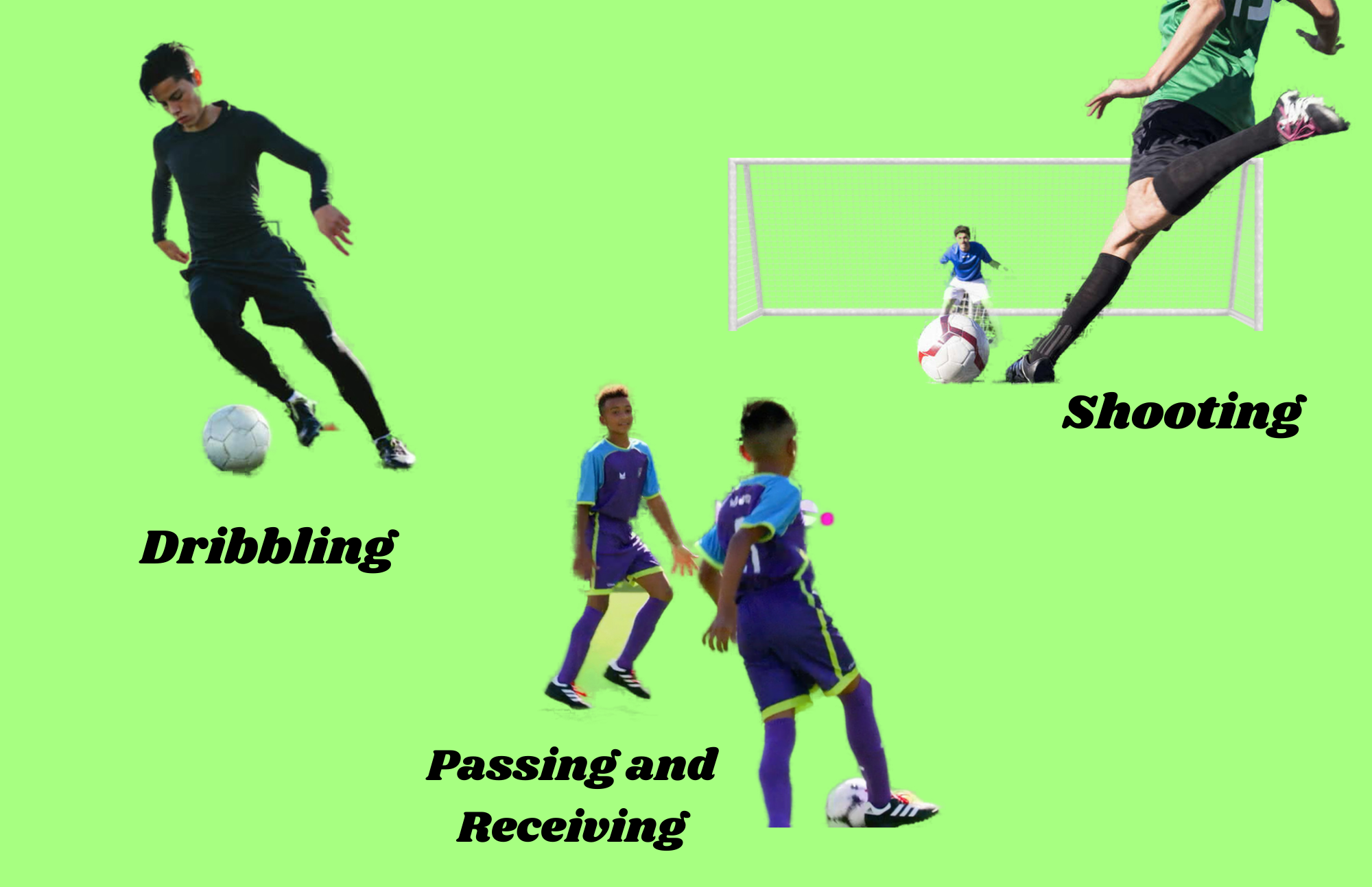 The three fundamental soccer skills which are dribbling, passing and receiving, and shooting