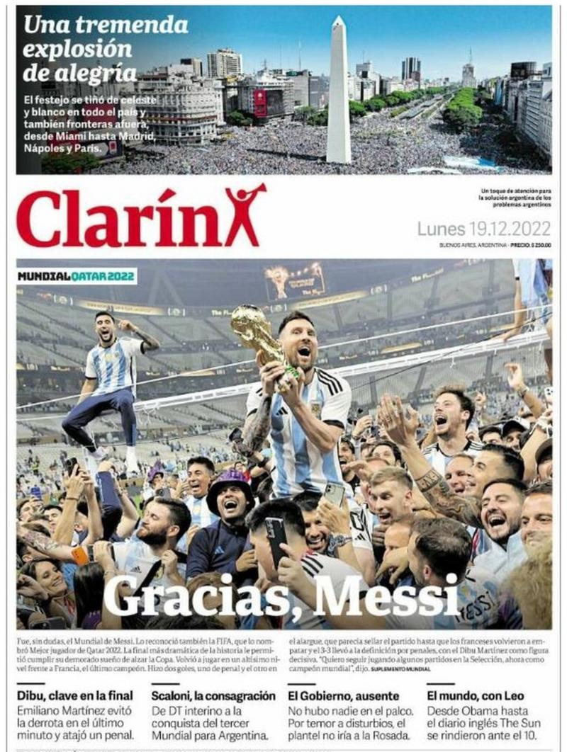 Clarin Publication features Leo Messi and her teammates screaming in the crowds