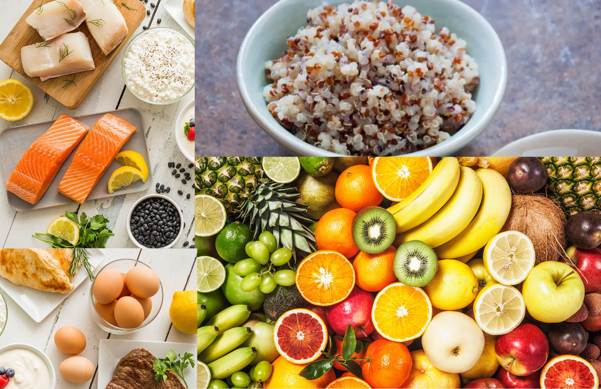 Three healthy foods which are quinoa, fruits, and lean meats in one picture
