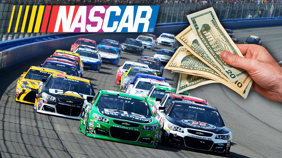 Different cars are racing with a hand holding dollar bills on the right