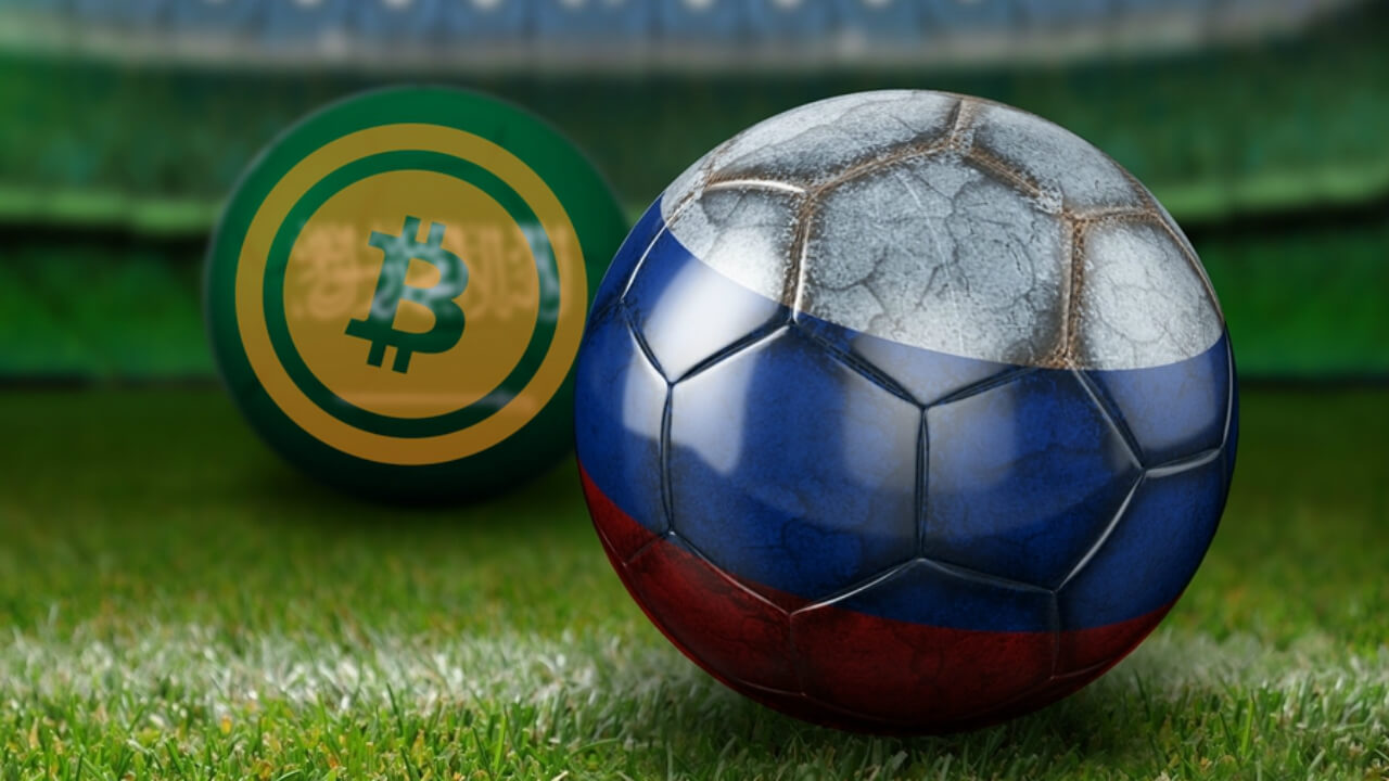 A soccer ball and a crypto coin in the football field