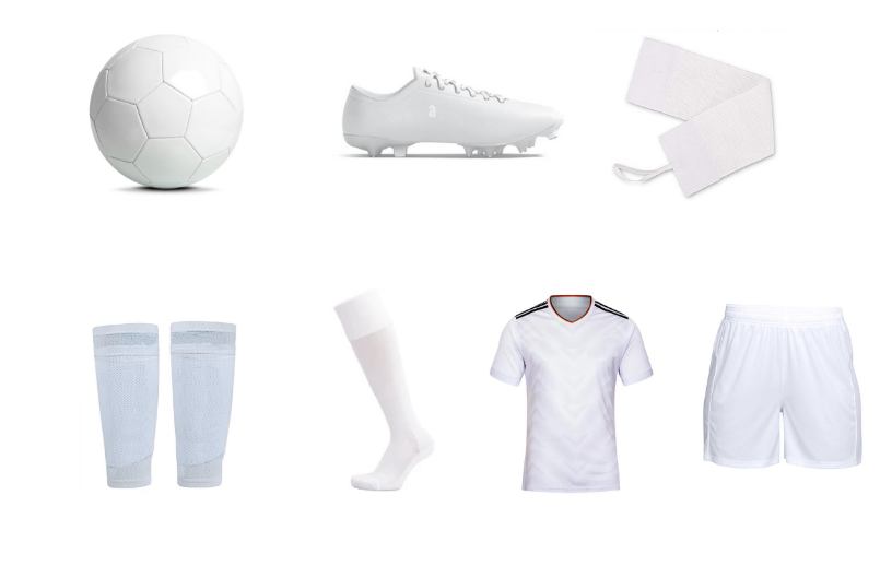 Seven plain white soccer gears