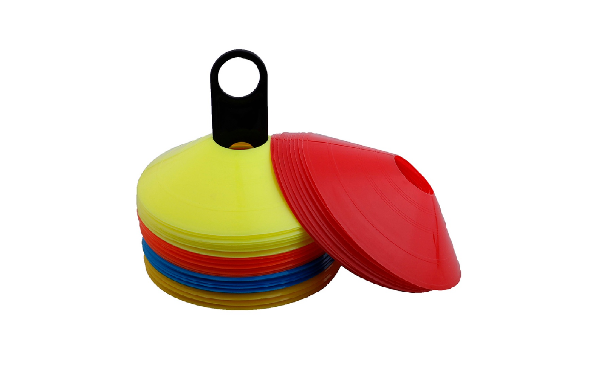 Yellow, red, and blue soccer cones
