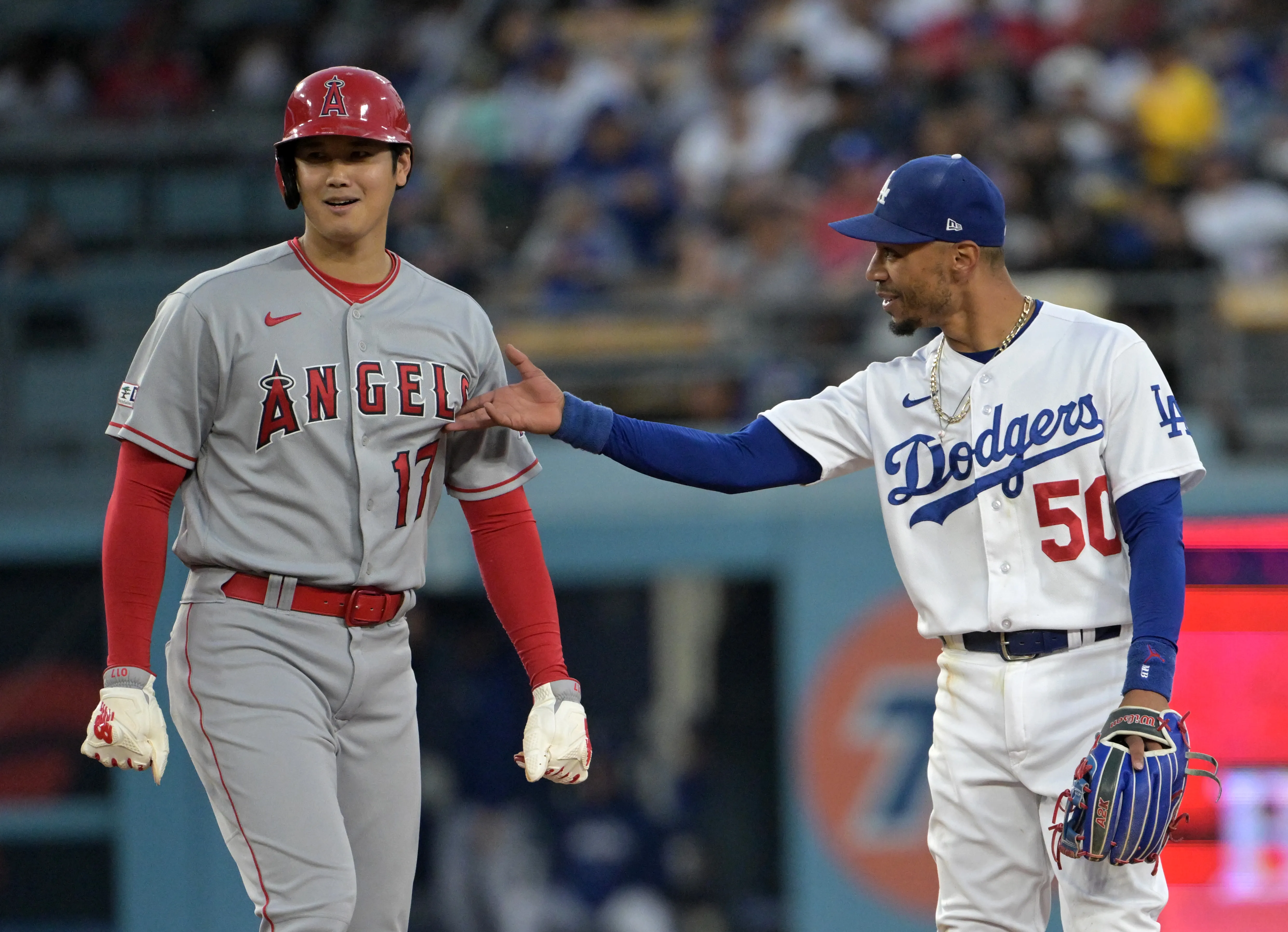 Shohei Ohtani and Mookie Betts during a game at Dodger stadium in July 2023.