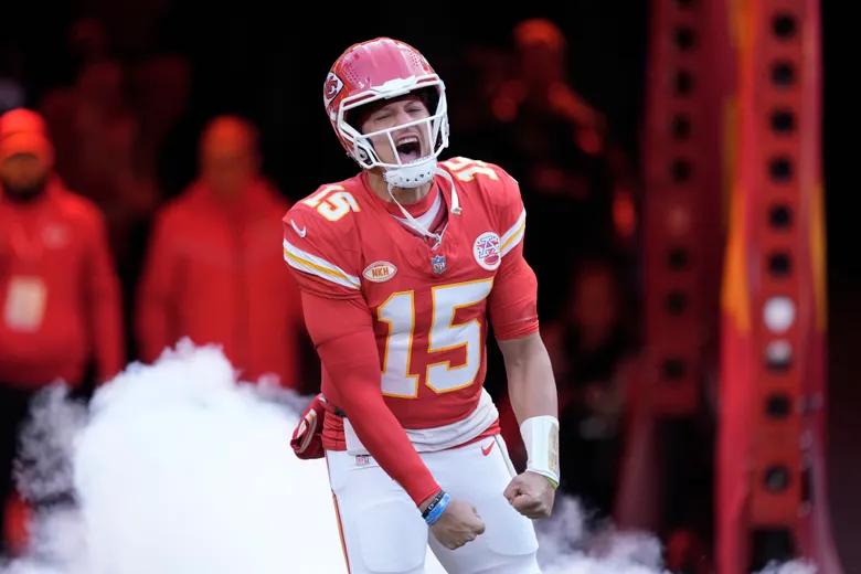 Kansas City Chiefs quarterback Patrick Mahomes is introduced before the start of an NFL football game against the Buffalo Bills Sunday, Dec. 10, 2023, in Kansas City, Mo.